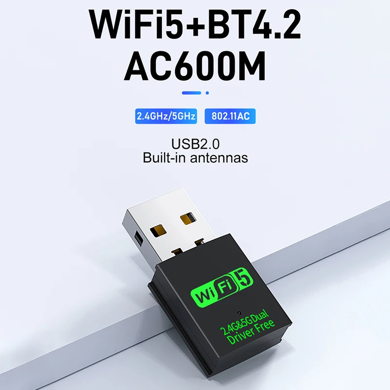 600Mbps USB WiFi5 블루투스 4.2 어댑터 듀얼 밴드 2.4G 5GHz USB Wi-Fi 5 네트워크 무선 Wlan 수신기 동글 드라이버 무료