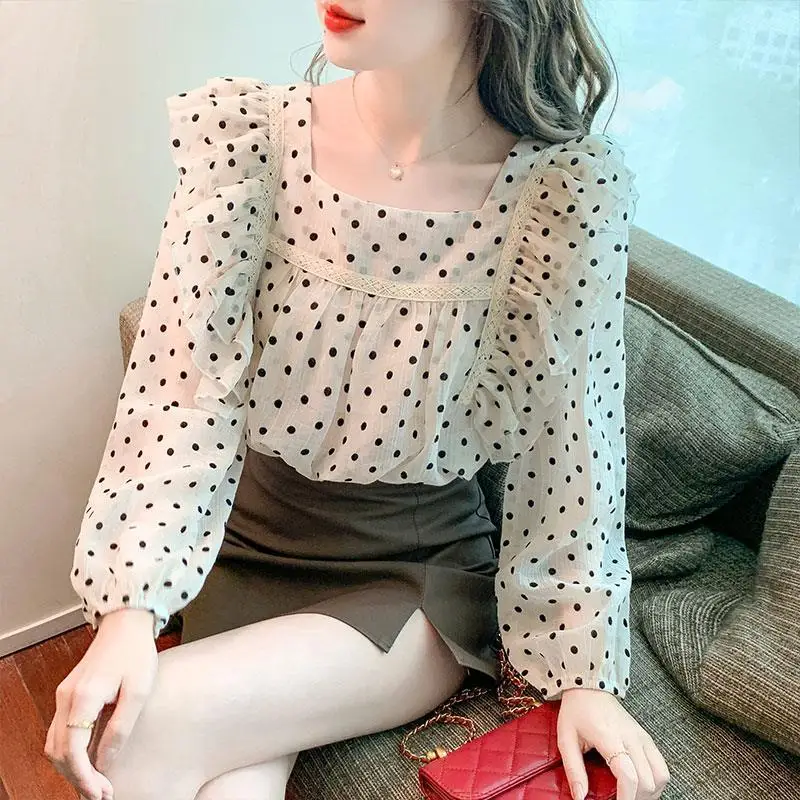 Sweet Ruffles Square Collar Printed Polka Dot Oversized Chiffon Blouse Summer and Autumn Casual Tops Commute Women's Shirt foreign trade original order spain new women s shirt printed square neck patch loose stripe casual shirt fashion