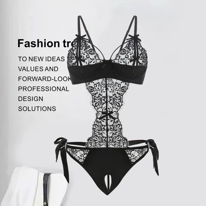 Moonlight Elf Sexy Lace Pajamas Wedding Gift Strap Black Bow Bodysuit Ultra-thin Ladies Lingerie Jumpsuit