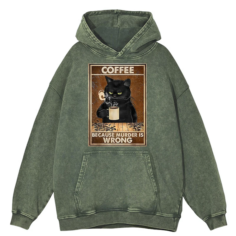 thumbnail image 1 of Sudadera con capucha retro desgastada con texto "Café porque el asesinato está mal", "Gato negro bebe café", ropa para hombre, jersey 100 % algodón, 1 of 4
