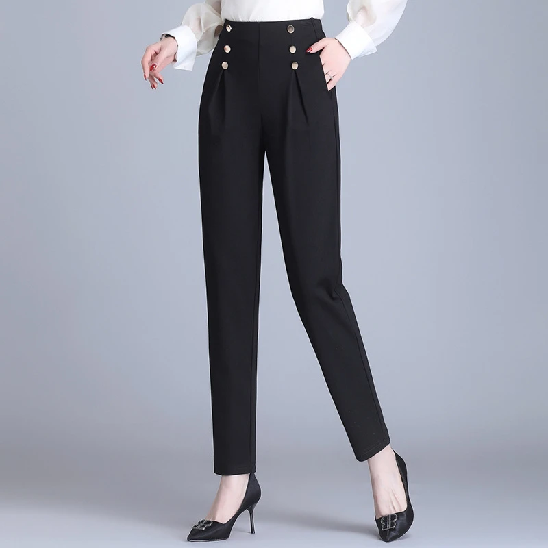 Women Office Wear Long Pants Female Elastic High Waist Ladies Casual Harem Pants Elegant Black Trousers With Button cropped leggings