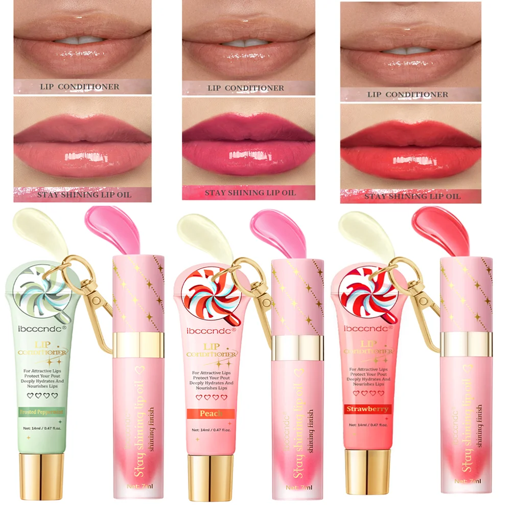 Lip Gloss Combo Set Bad Babe Peach and Clear with Keychain Long Lasting Hydration Moisturizing Nourish Plumper Makeup Set