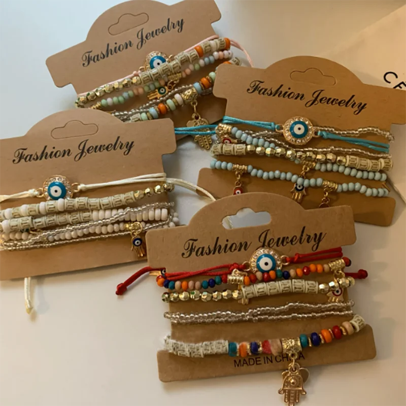 Beaded Bracelet Vintage Bohemia Multilayer Elastic Beaded Bracelets Set For Women Evil Eye Beads Combination Handmade Bracelet Jewelry Gift