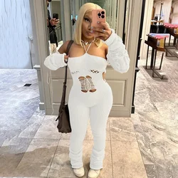 Knitted Hollow Out Jumpsuit with Sleeves Covers Women Sexy Strapless Lace Up Halter Backless Streetwear Overalls Stacked Pants