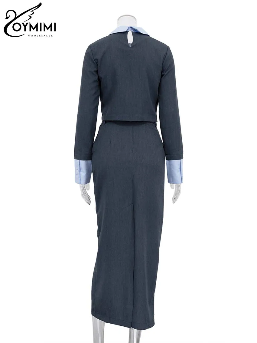 Oymimi Fashion Loose Gray Office Skirt Set For Women 2 Piece Elegant Long Sleeve Crop Top With High Waist Long Skirts Set Female