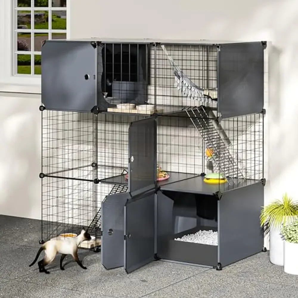3-Tier Cat Enclosure Playpen House Metal Cage Kennel Litter Box Cradle Toy Pad Crate Medium Kit Kit