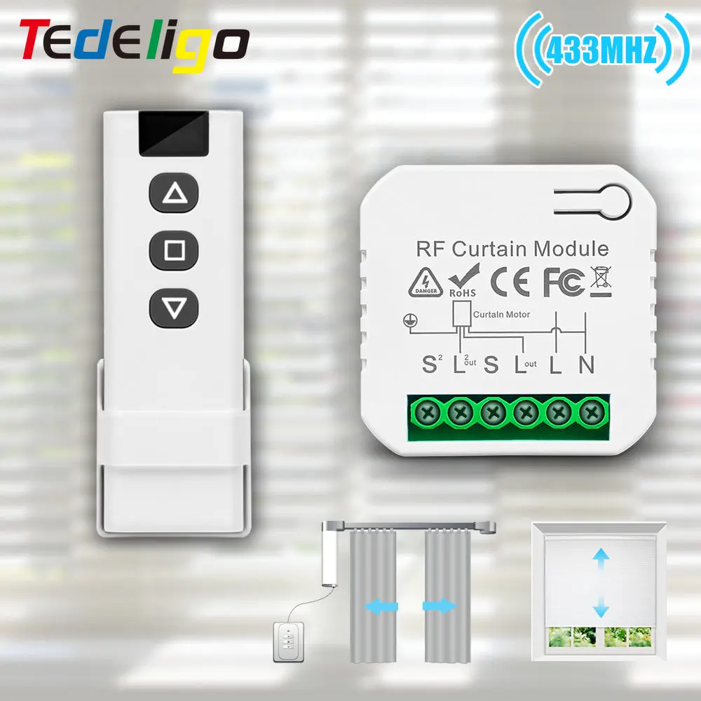 Sistema de Controle Remoto de Cortina sem Fio 433mhz Receptor de Relé e Transmissor de Retransmissor ac 220v 10a rf para Cortinas Motores Persianas