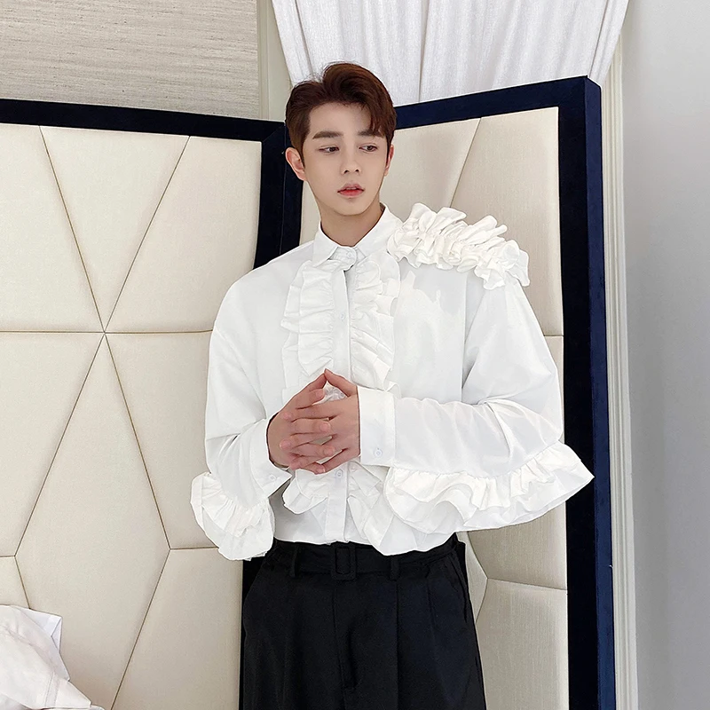 Vintage Palace White Ruffle Men Shirt Long Sleeve Tuxedo Shirt Party Club Evening Punk Gothic Formal Spring Autumn Blouses