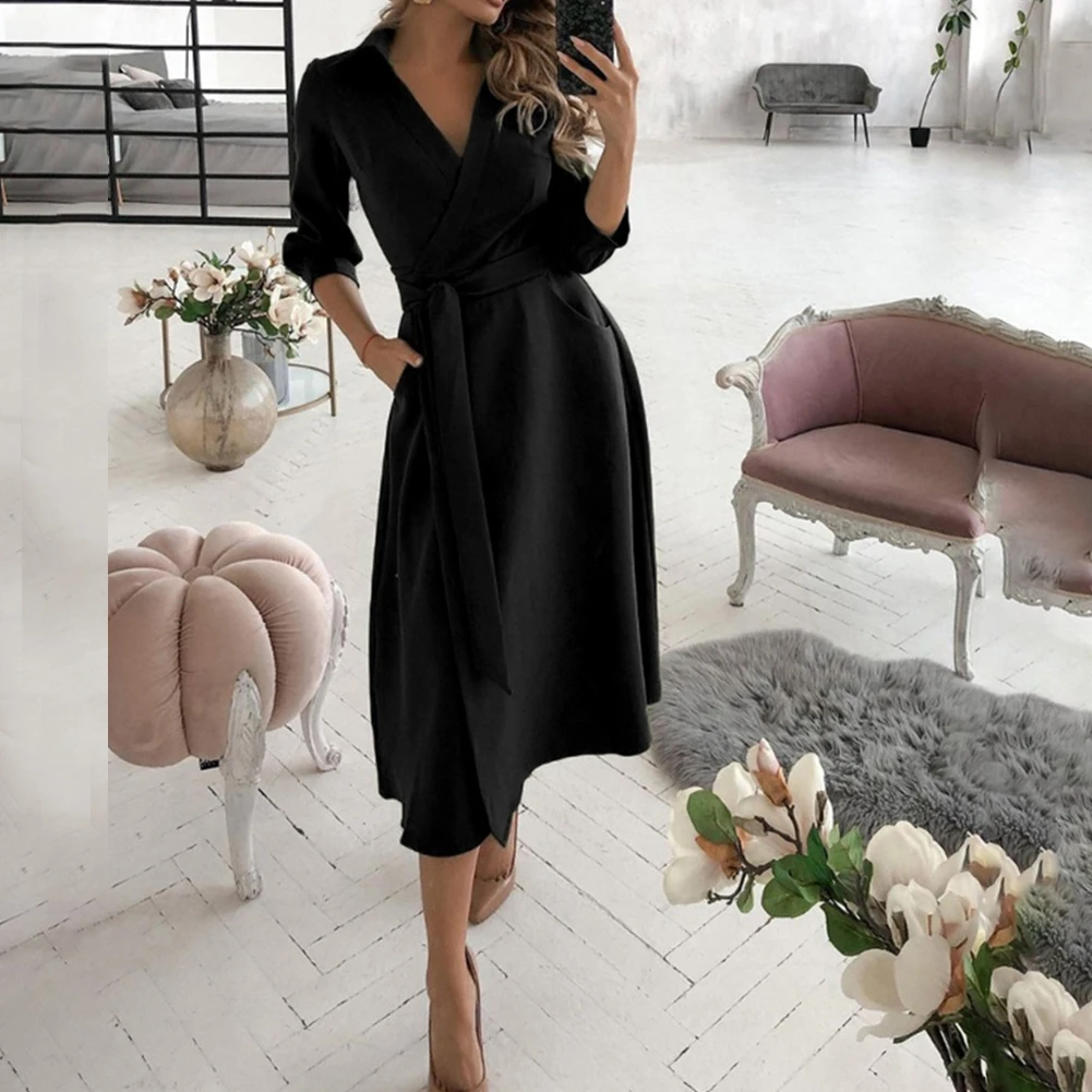 

Clothing Dress Daily V-Neck Female Womens Floral Wrap Lace Ladies Midi Print Soft Temperament Commute Up Belted