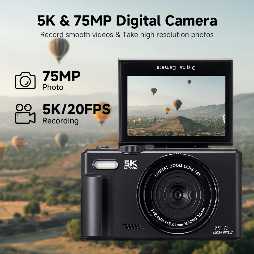75MP 미러리스 디지털 카메라 사진 촬영용 3.0인치 5K HD 180 ° 플립 스크린 18배 디지털 줌 빈티지 레코더 (브이로그 영상용)