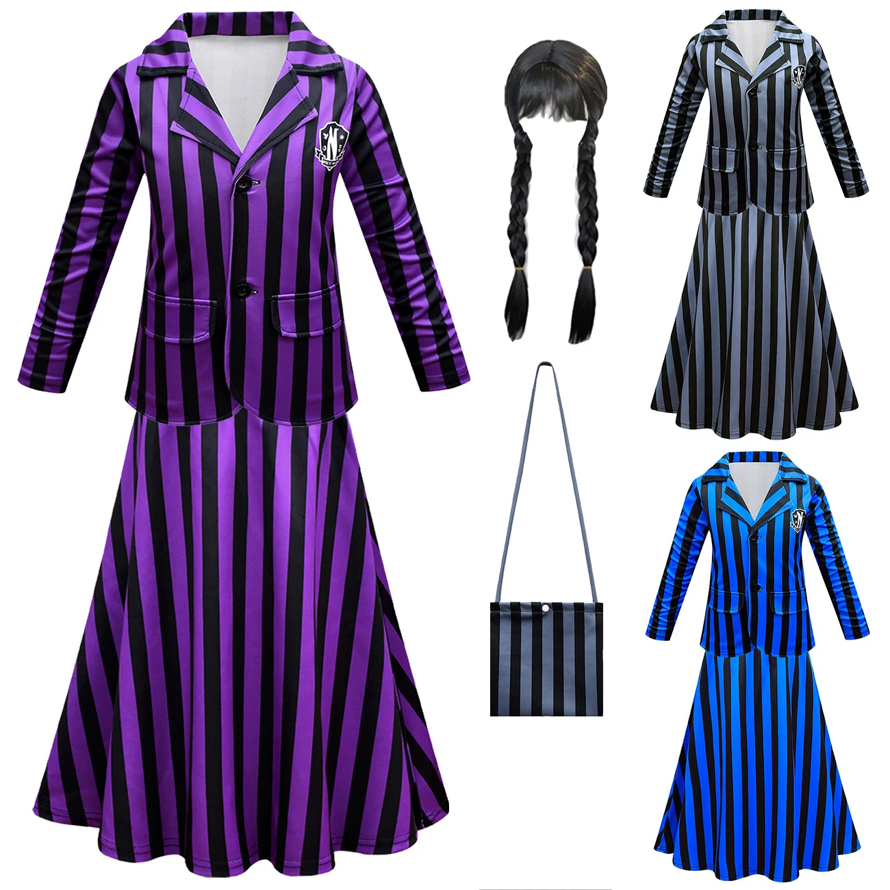 

New Children Cosplay Wednesday Adams School Uniform Costume Set Coat+Skirts 2Pcs Girls And Boys Long Sleeve Stripe Kid Carnival