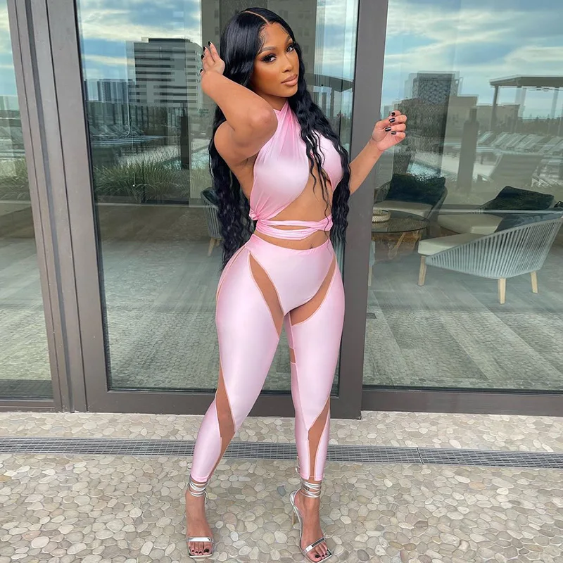 Mesh Patchwork See Through Tight Leggings 2023 Autumn Winter New Sexy High Waist Strecth Pink Pencil Pants Party Club Streetwear