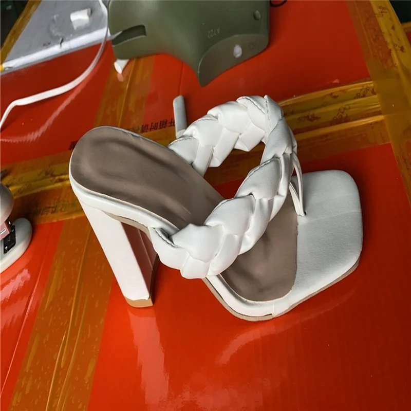 summer new heel women slippers fashion sexy weave flip flops women sandals high heel square toe slides lady sandalias female