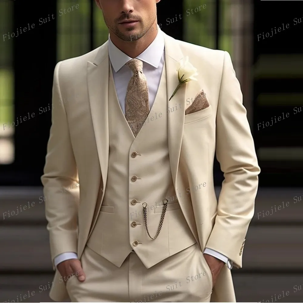 New Beige Formal Occasion Men Suit Business Tuxedos Groom Groomsman Wedding Party Prom Male 3 Piece Set Blazer Vest Pants