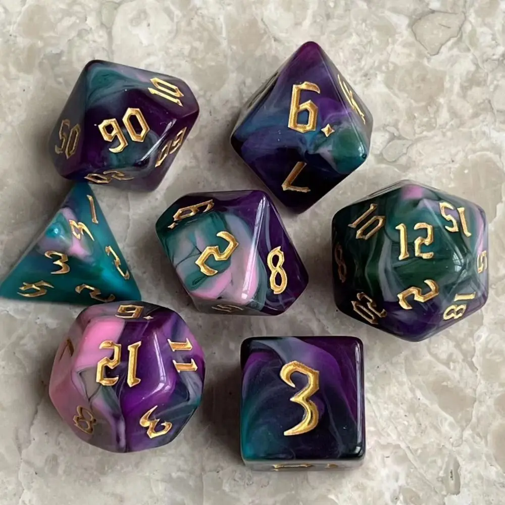 DND Dice 7Pieces, Cosmic Purple Green Mixed Polyhedral DND Dice for RPG MTG Table Game Dice