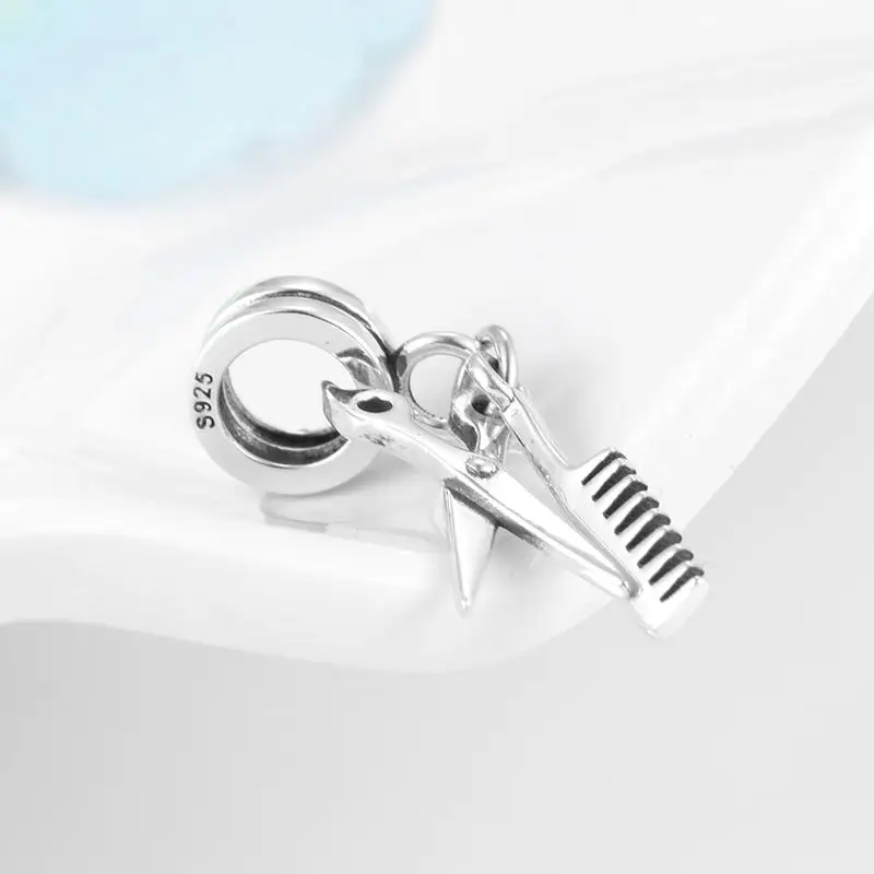 Fashion Women 925 Silver Hairdressing Tool Scissors and Comb Dangle Charms Beads Fit Original  Charm Bracelet Jewelry 3