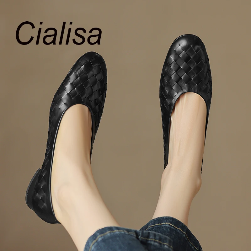 

Cialisa Shoes For Women 2023 Autumn Fashion Weave Round Toe Genuine Leather Low Heels Handmade Dress Daily Lady Footwear Black