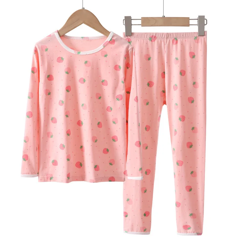 2Pcs 소녀 면 잠옷 세트 귀여운 딸기 프린트 라운드 넥 긴 소매 탑과 편안한 바지 100% 부드럽고 통기성