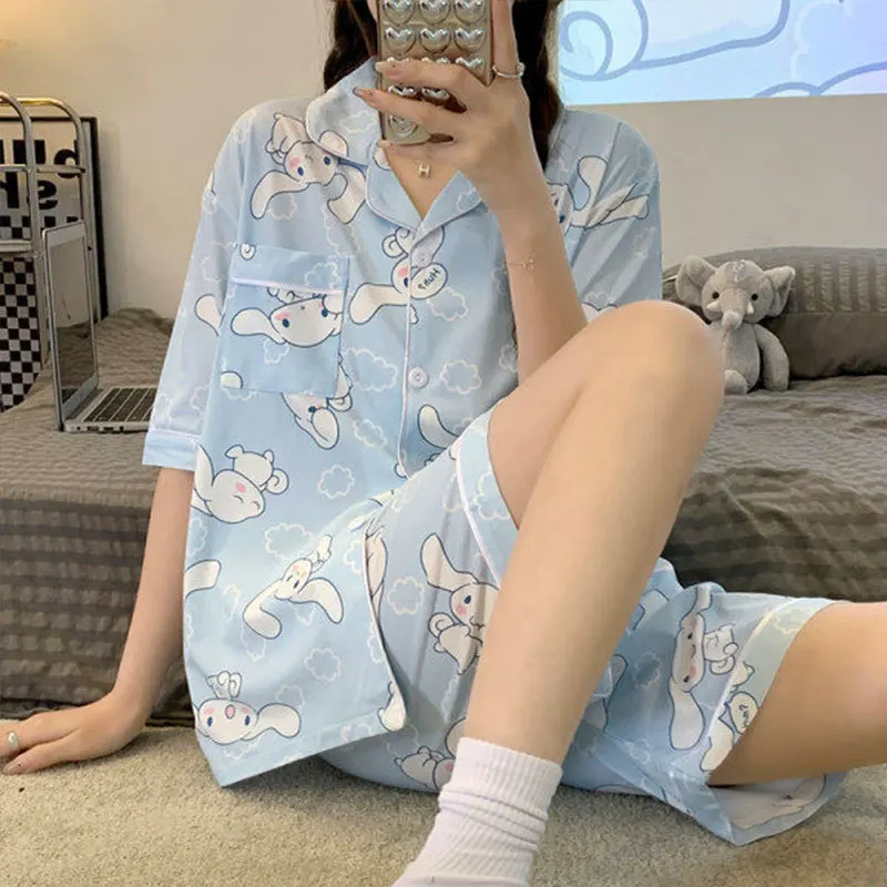 

Sanrioed Anime Cinnamoroll Kuromi Kawaii Cute Cartoon Sweet Spring and Summer 2022 New Pajamas Ladies Girl Women Homewear Set