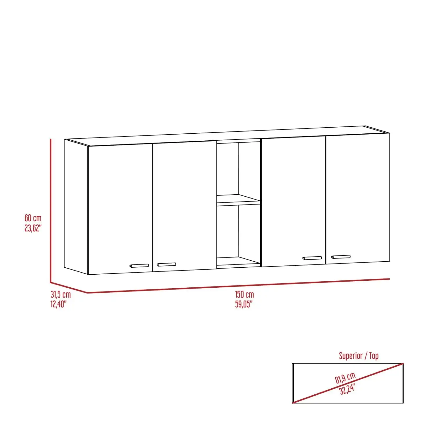 Portofino 150 Wall Cabinet,  Double Door, Two External Shelves, Two Interior Shelves Black 2