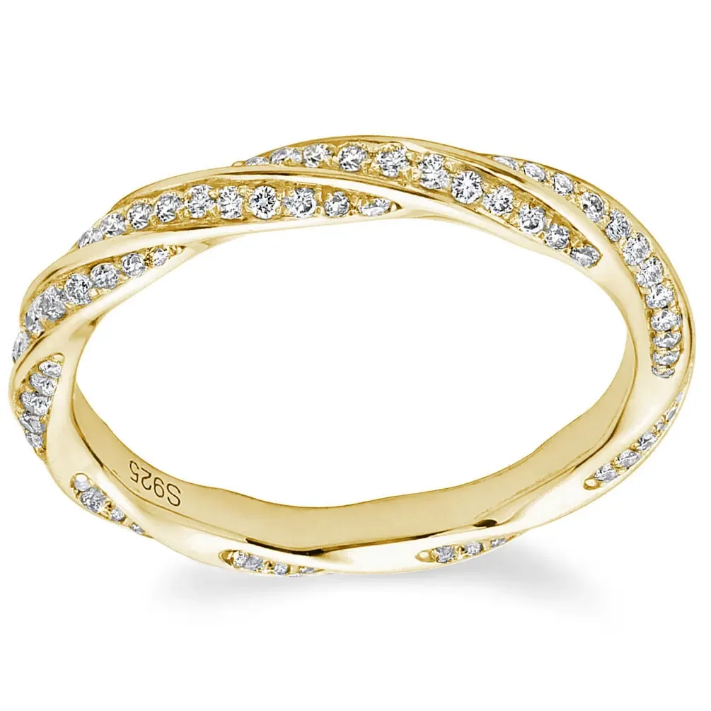 Moissanite Wedding Band 14K Yellow Gold Plated 925 Sterling Silver Twist Eternity Rings For Women 2mm in Width
