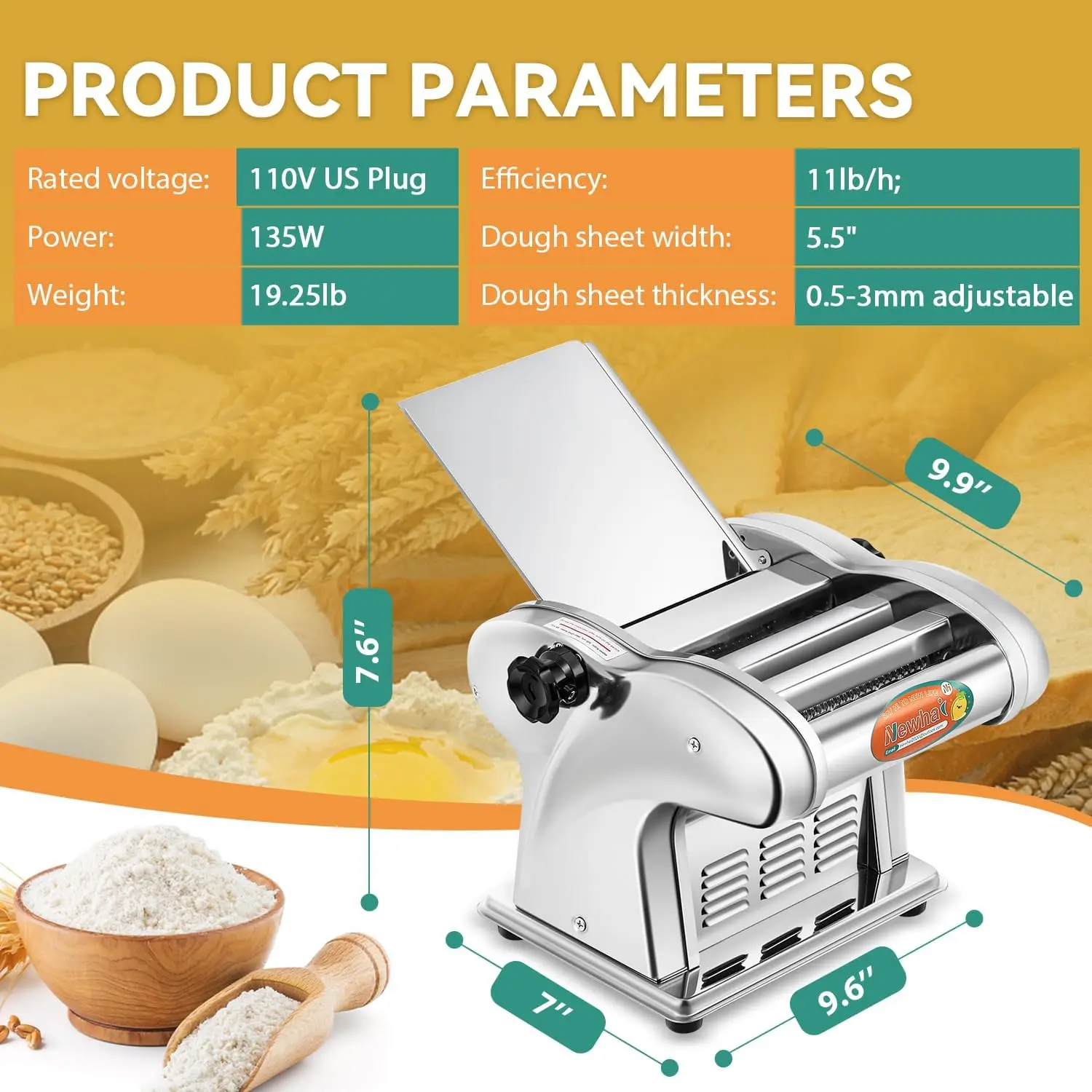 Electric Pasta Maker Family Noodle Making Machine Dough Roller 2.5mm Spaghetti 4mm Wide Noodle 9mm Fettuccine Cutter 110V US Sta