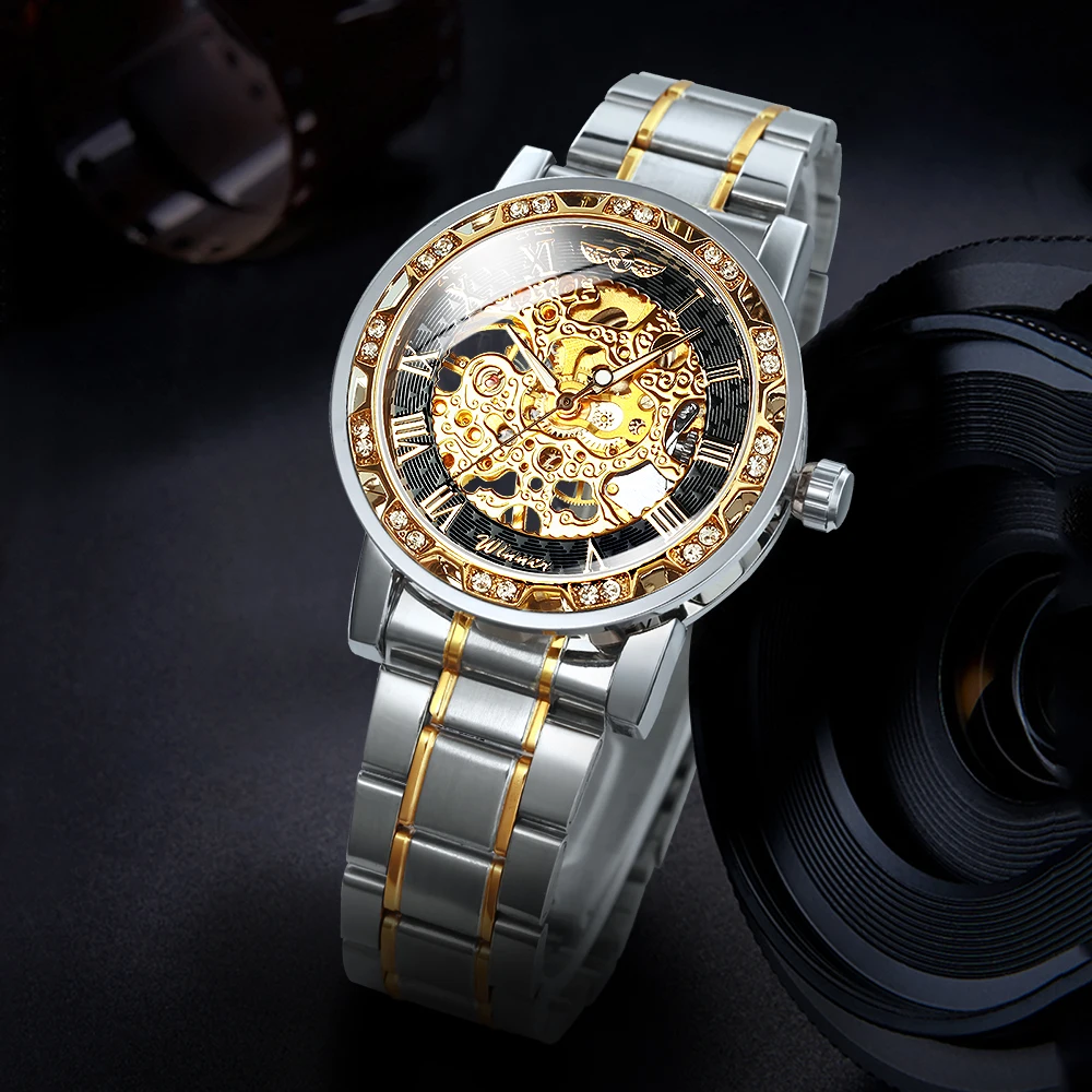 Mechanical Watch WINNER Transparent Skeleton Watch for Men Mechanical Wristwatches Diamond Watches Mens Luxury Stainless Steel Strap Unisex Clock