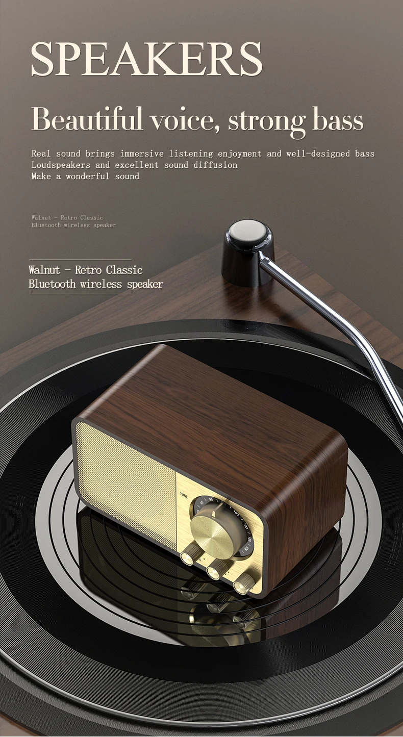 Portable BT 5.0 Super Powerful Retro Bluetooth Speaker Wooden Strong Bass with 1
