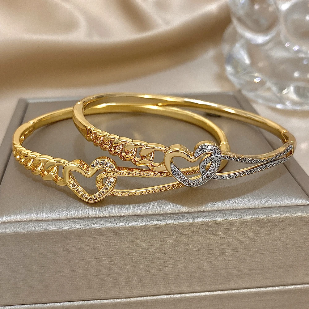 Elegant Zircon Geometric Stackable Cuff Bangle with Rhinestone Charms