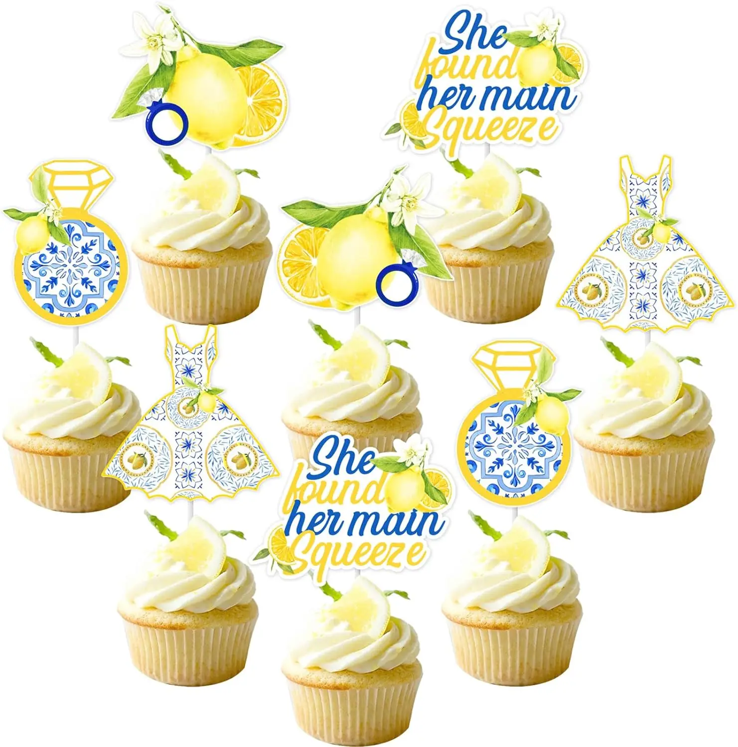 

24Pcs Lemon Cupcake Topper Bridal Shower, She Found Her Main Squeeze Cake Topper for Engagement Bachelorette Wedding Party