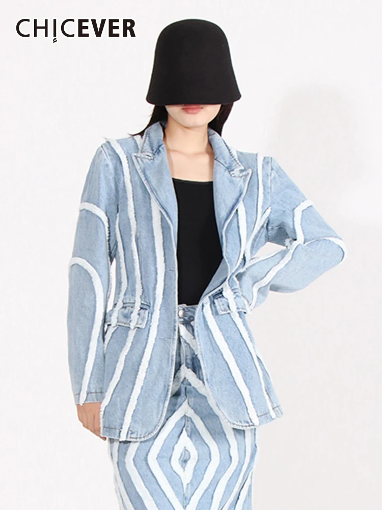 

CHICEVER Striped Colorblock Denim Blazer For Women Notched Collar Long Sleeve Single Breasted Autumn Casual Chic Blazer Female