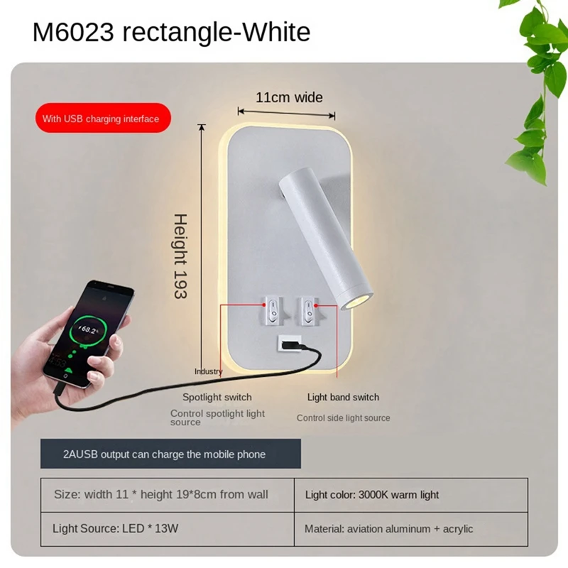 

1 Piece Wall Light Backlight USB Charging 330 Degree Rotation Adjustable Wall Lamp Bedside Study Reading Sconce Lamp