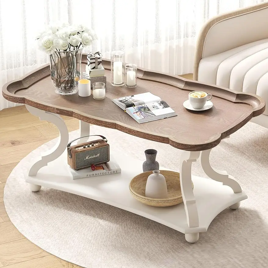 

Home Farmhouse Coffee Table, Modern Cocktail Table with Storage Shelf, Natural Tray Top and Carved Legs,Vintage White