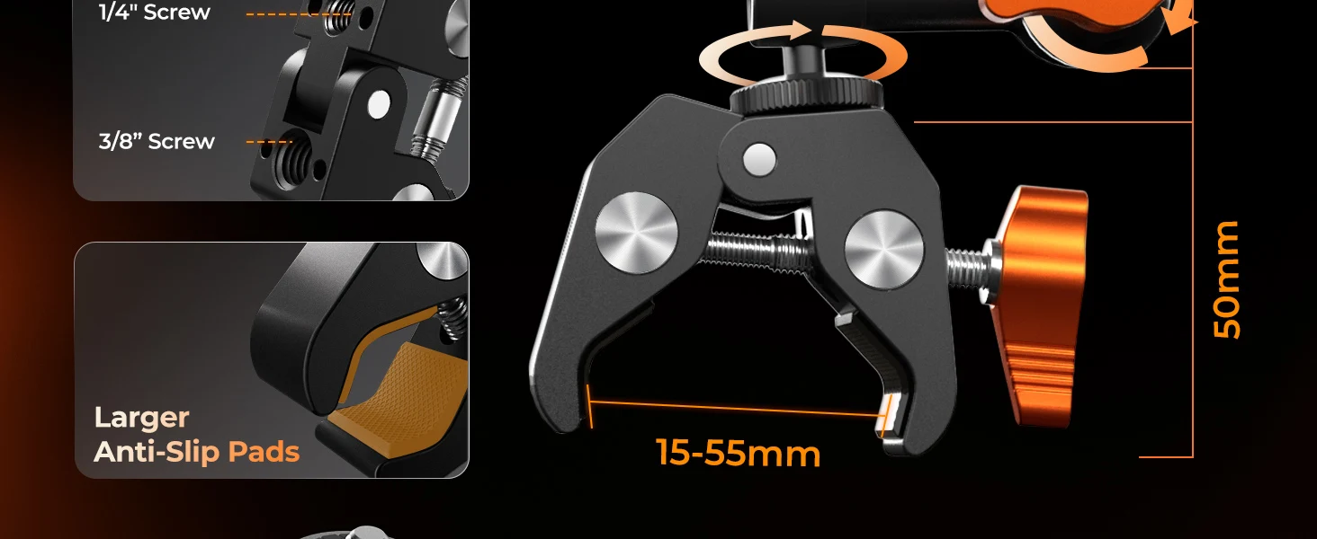 K&F CONCEPT Magic Arm Klemme mit Super Clamp 360 ° Kugelkopf-Gelenkarm 6 Zoll Mini-Arm für Monitor, LED-Licht, Action-Kamera, Blitz – Detail 6