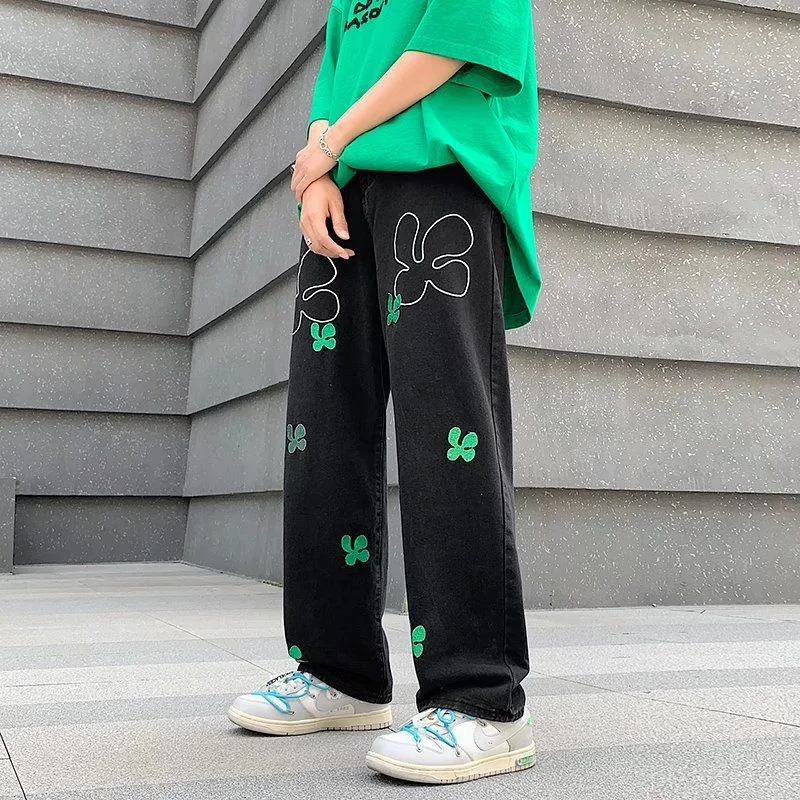 

Embroidered Flower Jeans For Men Loose Hip Hop Overalls All-match Casual Washed Trousers Oversize Straight Wide Leg Denim Pants