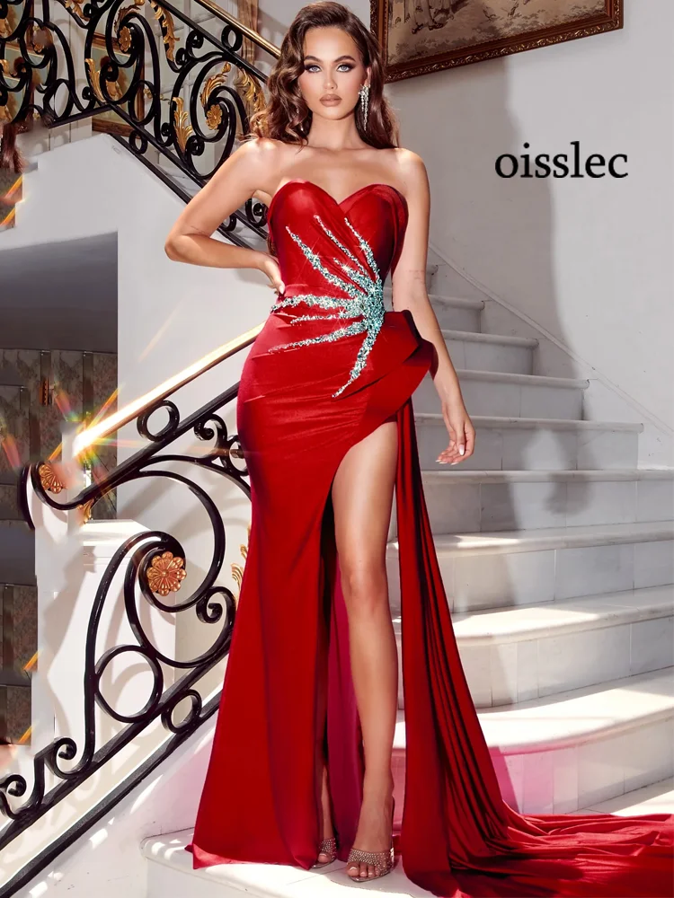 

Oisslec Evening Dress Beading Prom Dress High Splits Fromal Dress Flods Celebrity Dresses Stain Party Dress Elegance Customize