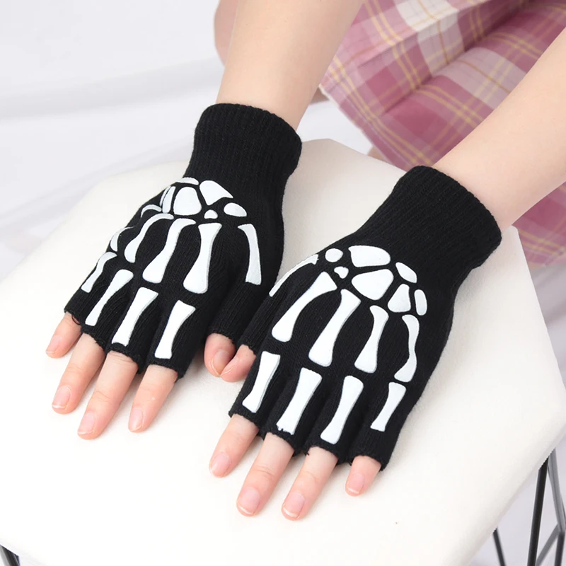 Guantes Punk luminosos de medio dedo para niños y adultos, manopla negra sin dedos, para Halloween - Imagen 2