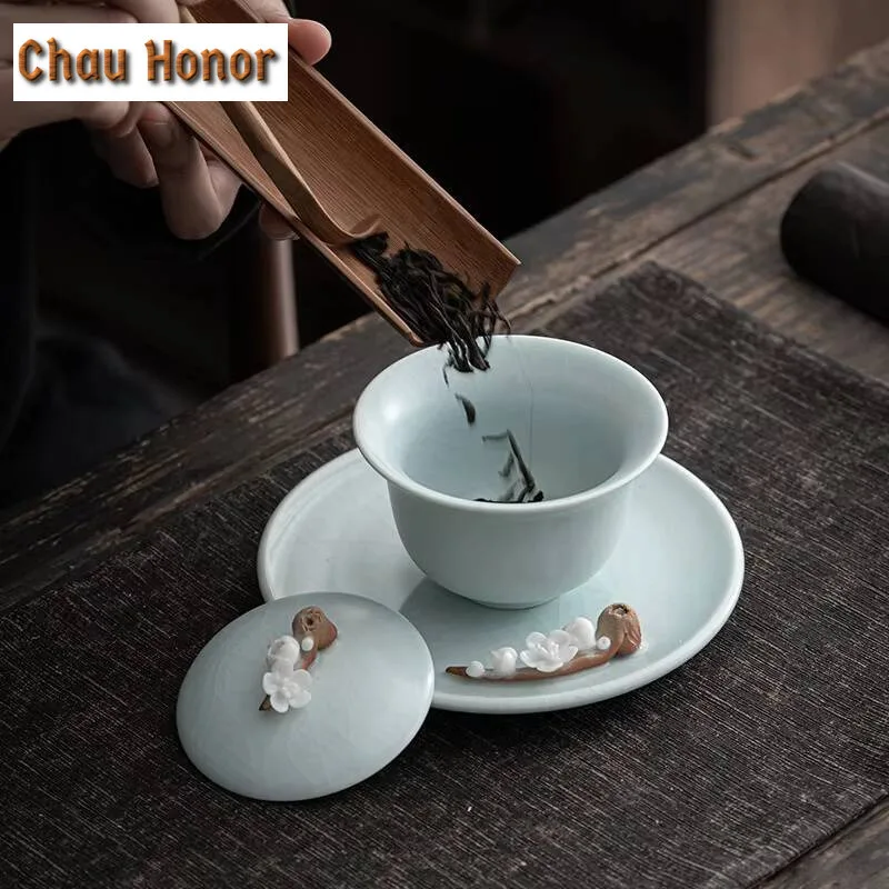 140ml Creative Ru Kiln Ceramic Sancai Covered Bowl Hand Pinch Flower Bud Art Tea Tureen Tea Making Gaiwan Kung Fu Tea Set Gifts
