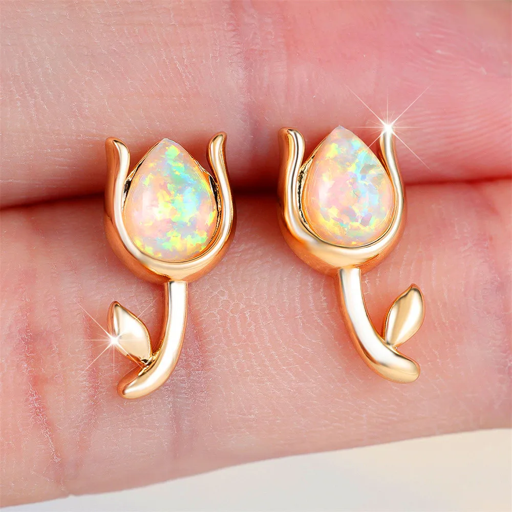 White Fire Opal Water Drop Stone Rose Flower Stud Earrings For Women Rose Gold Silver Color Wedding Jewelry Valentine's Day Gift