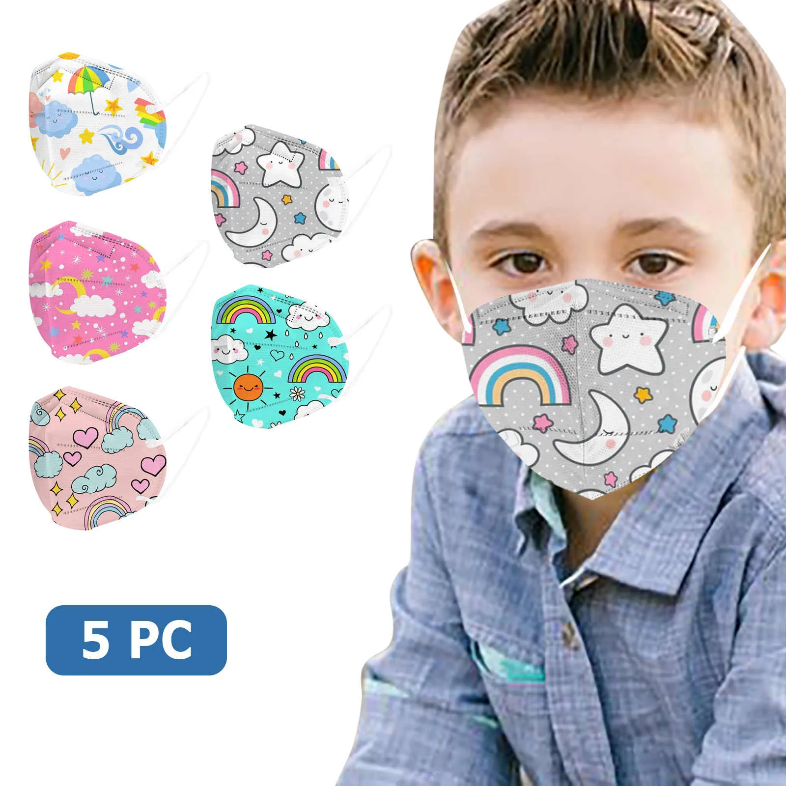 5PCS N-95 Children's Rainbow Printed Outdoor Prevention Fish Mask Face Outdoor Dust-Proof Face Protective Mask Disposable