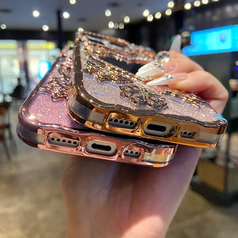 Luxury Electroplate Butterfly Glitter Diamond Case for IPhone 17 16 15 14 13 12 Pro Max Transparent Heart Make Up Mirror Cover view 5
