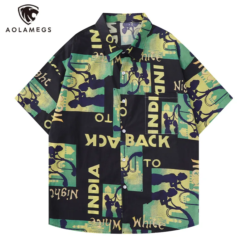 Men Short Sleeve Shirts American Street Graffiti Printed Blouses Hong Kong Style Retro Loose Casual Summer Tops Unisex spring autumn suit coat female blue green patch design blazer high street suit y2k retro hong kong style versatile quality suit