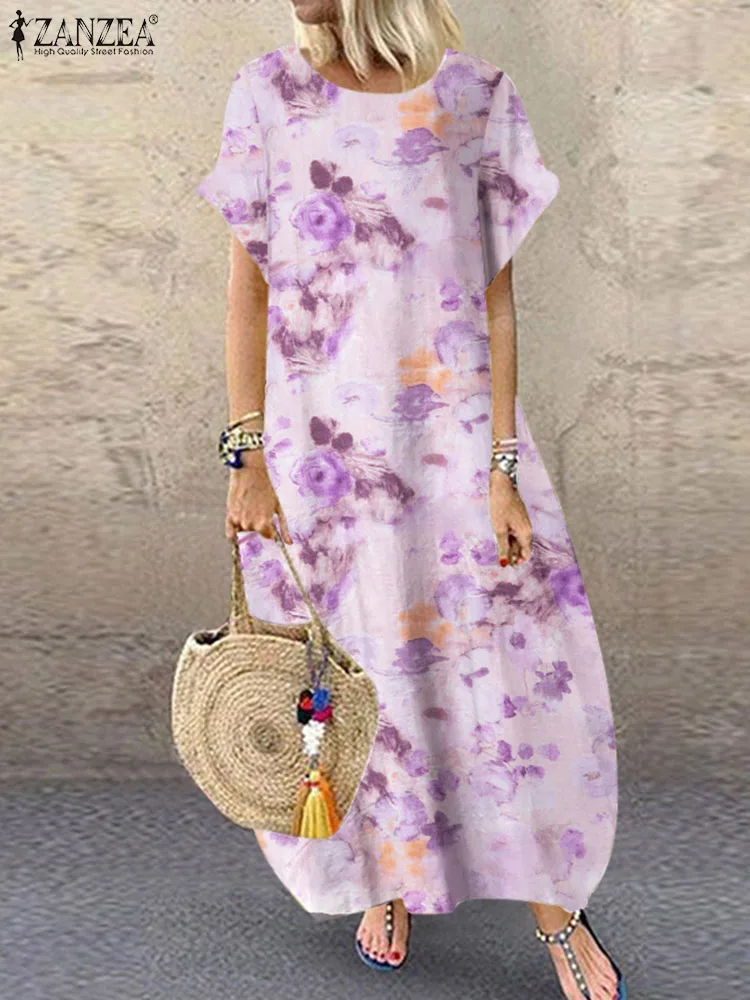 

ZANZEA Summer Women Vintage Holiday Beach Sundress Robe Femme Casual Loose Vestido Bohemian Floral Printed Short Sleeve Dress