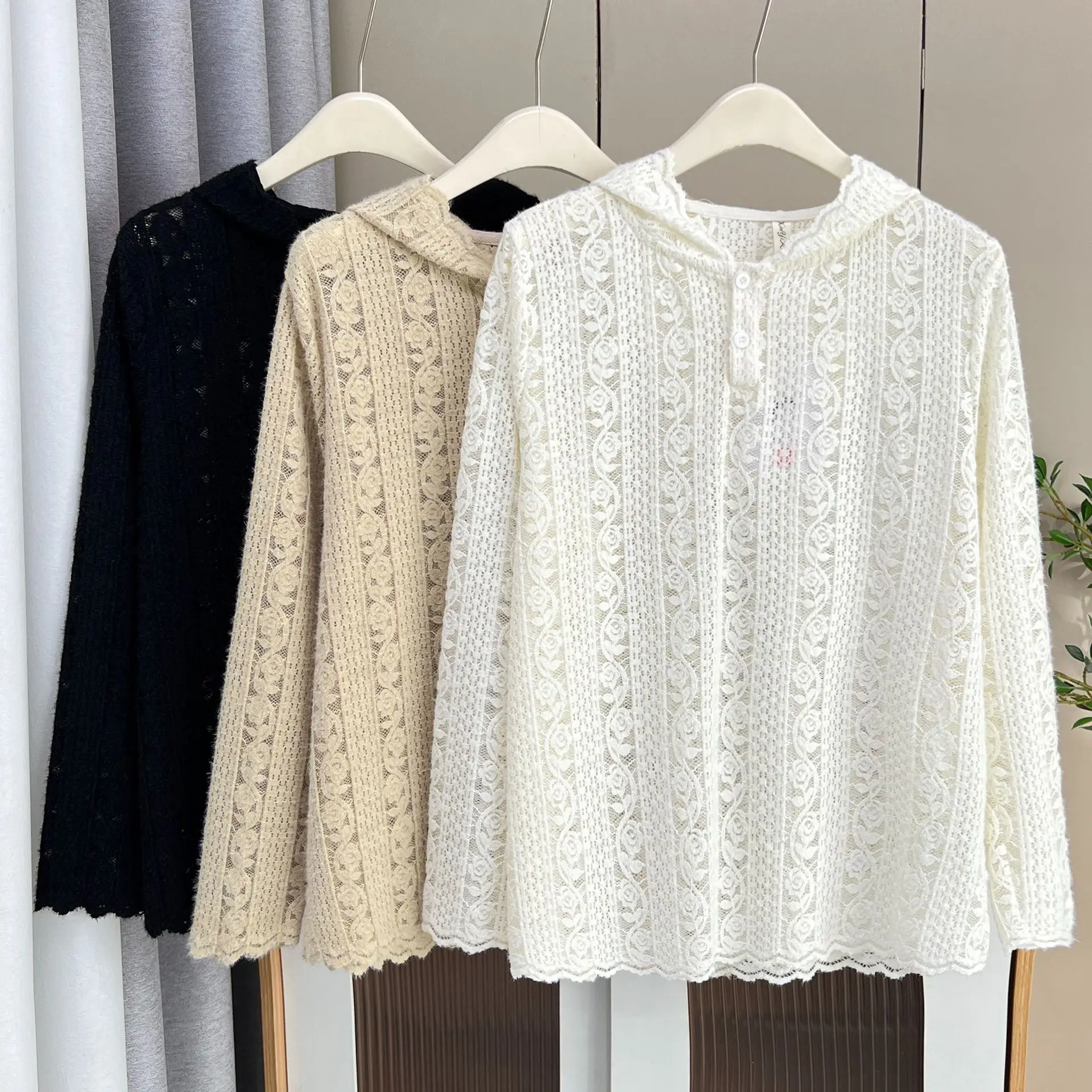 Fashion Plus Size Women's Blouses Autumn New Style Half Open Collar Lace Cutout Long Sleeve Hoodie Casual Top 8025