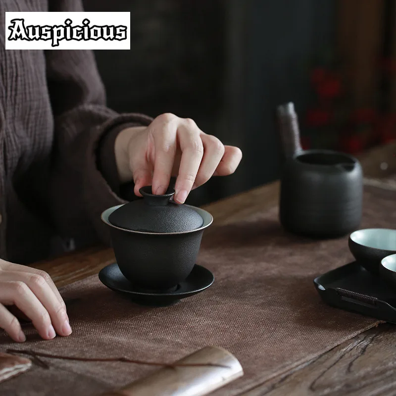 150ml Retro Black Pottery Sancai Gaiwan Ceramic Tea Cup Tea Tureen Household Kung Fu Set Ceremony Drinkware Customized