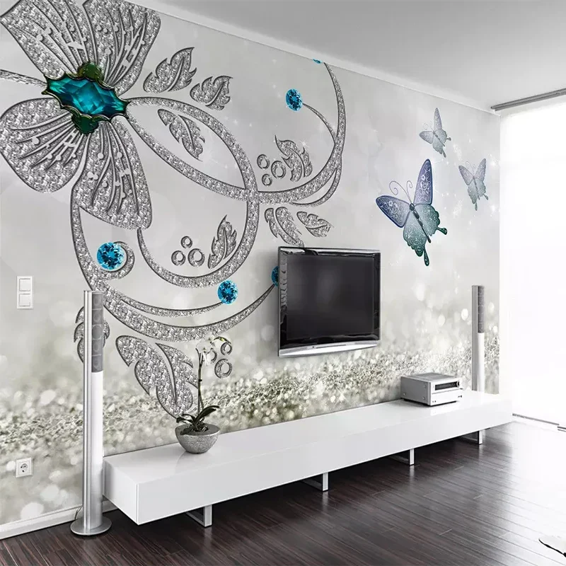 European Crystal Flower Butterfly Jewelry 3D Mural Wallpaper Living Room Background Wall Cloth Home Decoration Papel De Parede european style multi storey iron folding floor balcony flower racks living room green plant pot frame