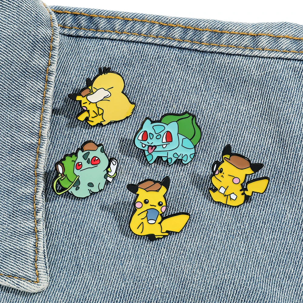 Enamel pins 5 Pcs creative detective Pikachu Bulbasaur Psyduck backpack clothing jewelry metal badge