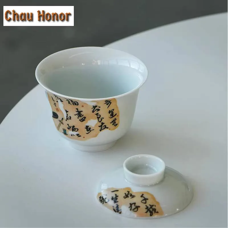 130ml Aesthetic Remnant Page Proverbs Grey Gaiwan Boutique Ceramic Bowl with Lid Tea Tureen Tea Making Cover Bowl Teaset Craft
