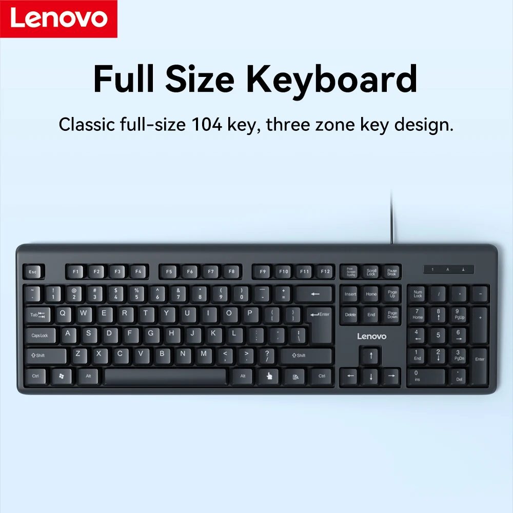 레노버 USB 유선 키보드 104키 풀사이즈 방수 인체공학적 무소음 사무용 키보드 (윈도우 PC 노트북용)