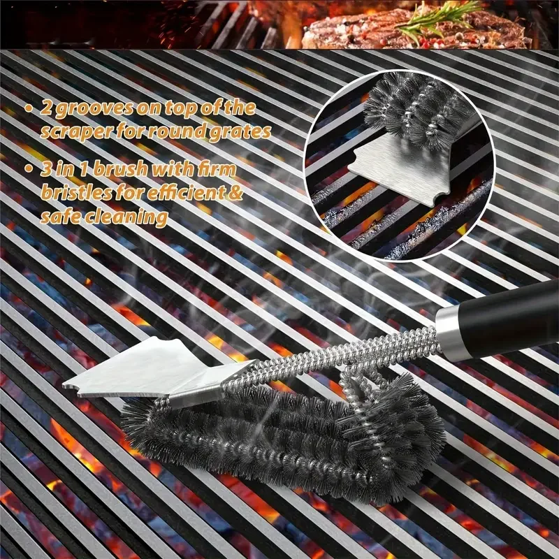 Heavy metal barbecue cleaning brush 1 piece with triple bristles barbecue grill cleaning brush outdoor cooking accessories